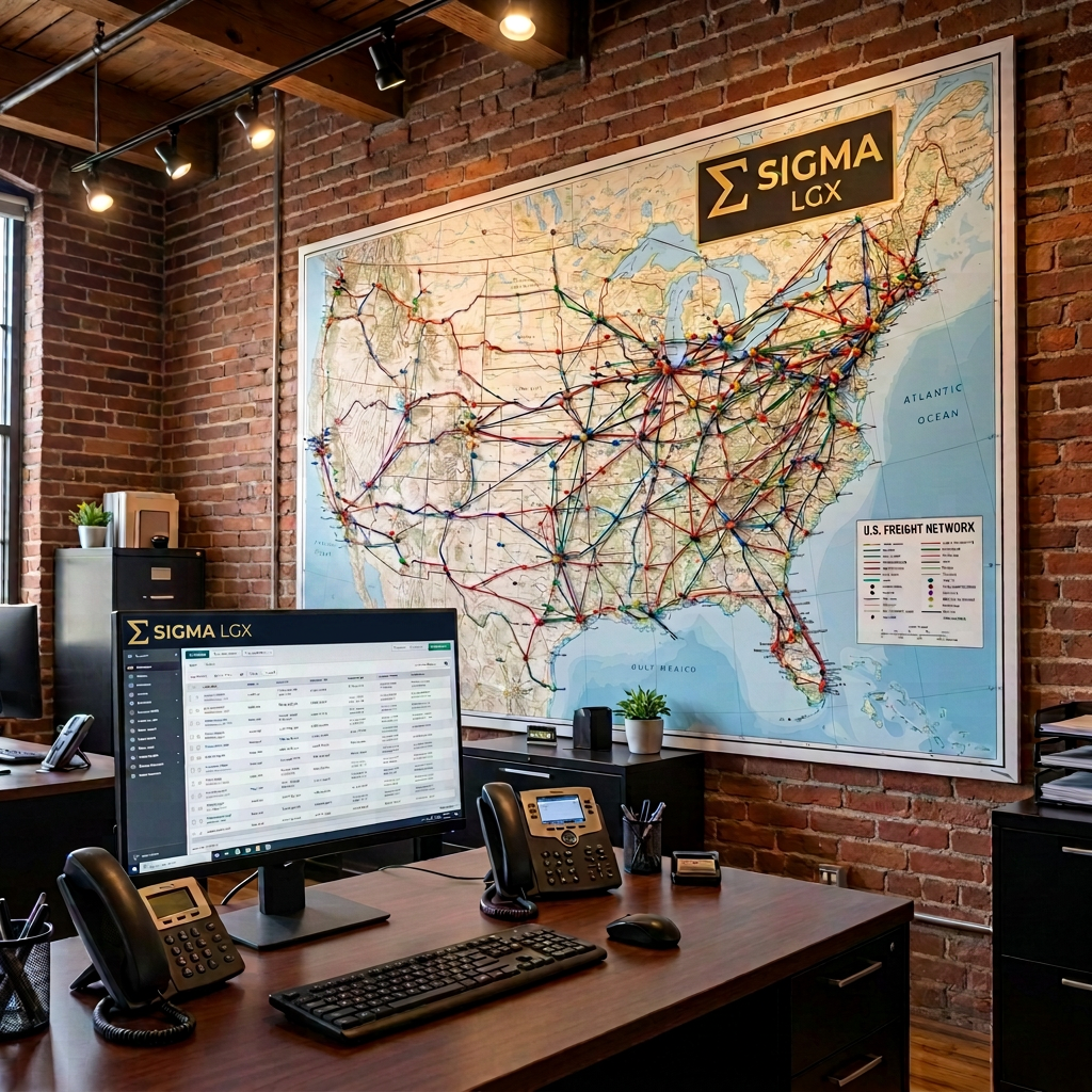 Dispatcher desk with a giant U.S. freight wall map and computer monitor
