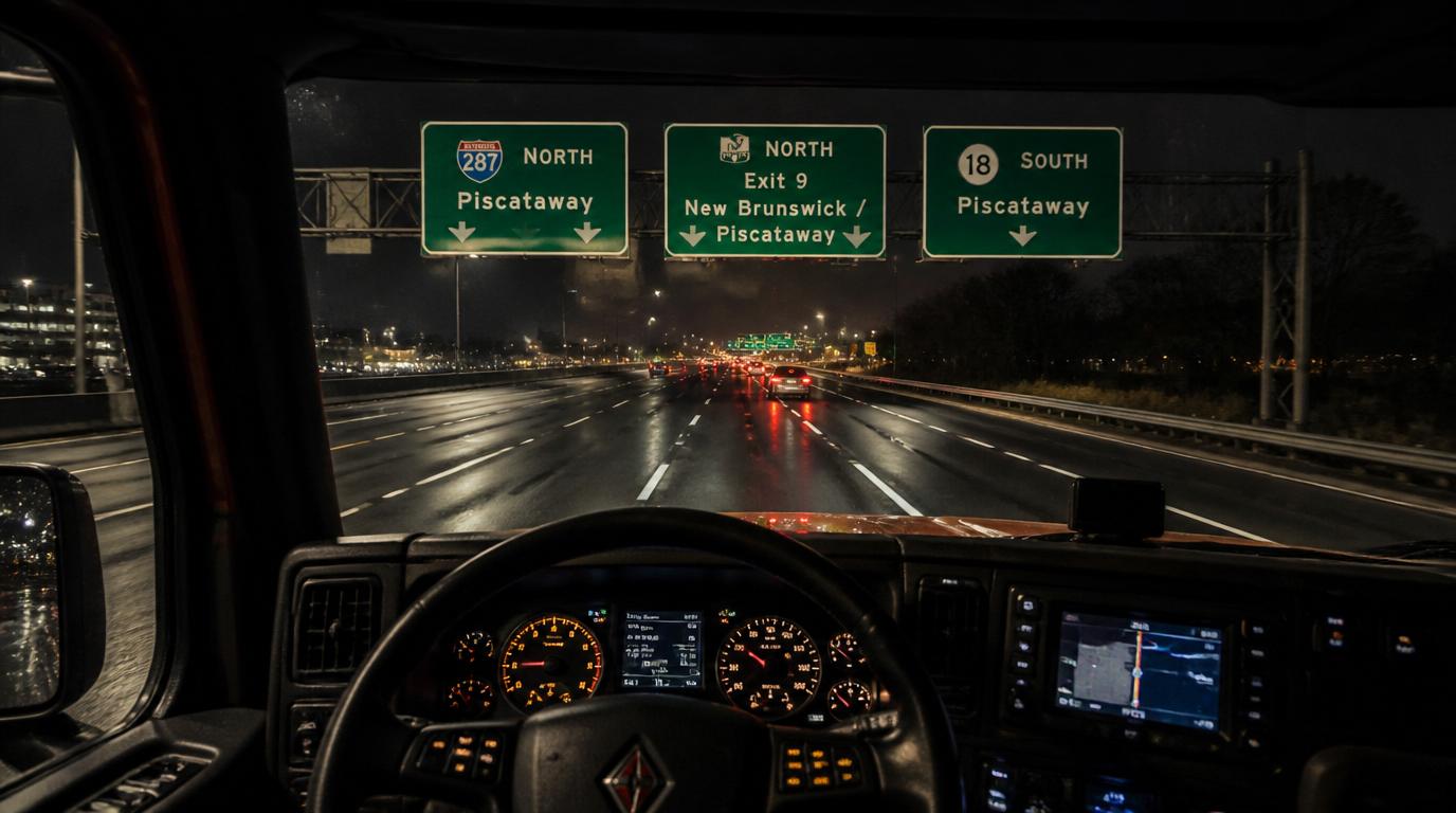 New Jersey highway signs for Piscataway, New Brunswick, and I-287 viewed from a truck cab at night