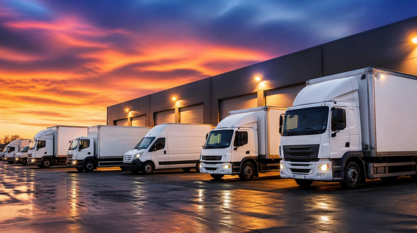 Straight trucks staged at a distribution yard