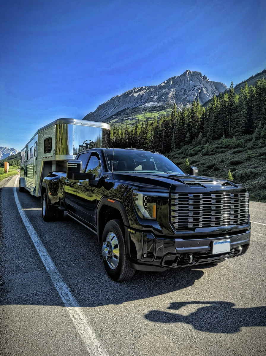 Hotshot truck hauling through mountain terrain